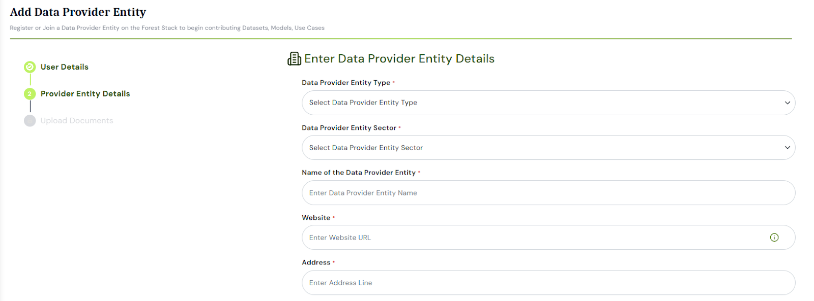 Data Provider Entity Registration Form - Organisation Details